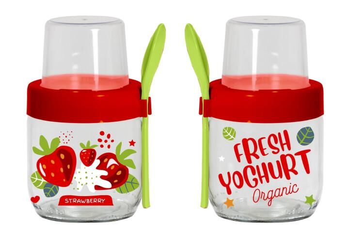 425 CC DESENLİ KAŞIKLI YOĞURT KABI KIRMIZI