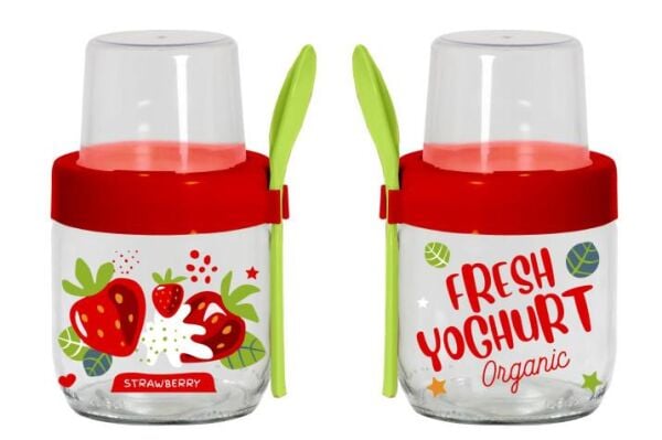 425 CC DESENLİ KAŞIKLI YOĞURT KABI KIRMIZI