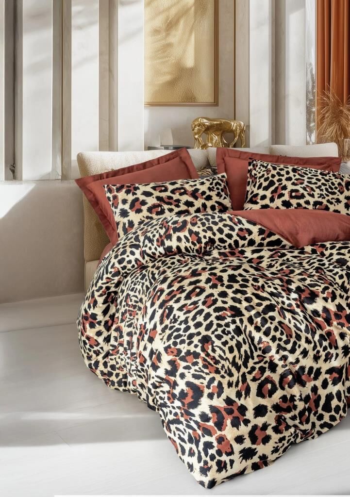 COTTON BOX ÇİFT KİŞİLİK SATEN NEVRESİM TAKIMI LEOPARLI LEOLUXE KİREMİT