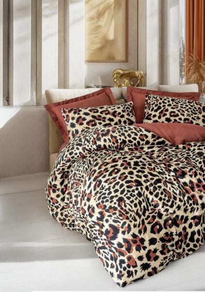 COTTON BOX ÇİFT KİŞİLİK SATEN NEVRESİM TAKIMI LEOPARLI LEOLUXE KİREMİT