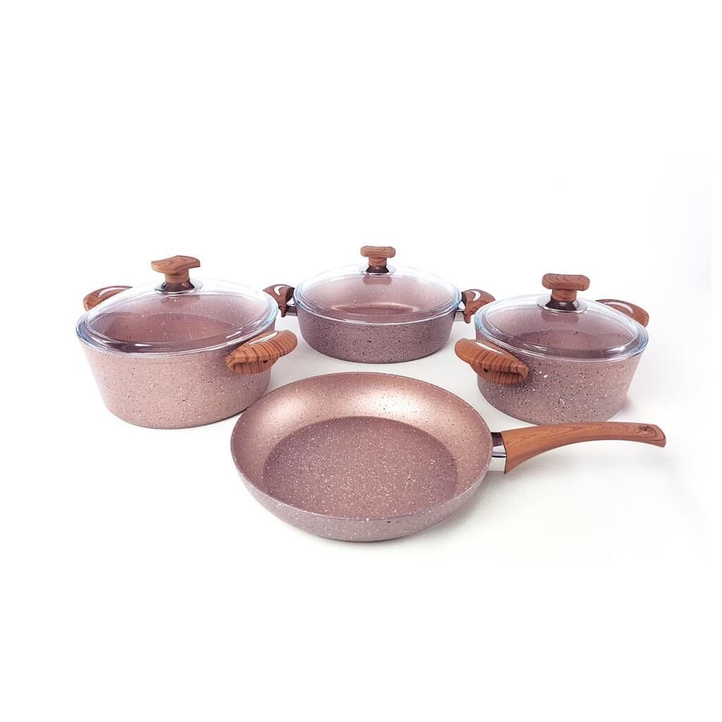 OMS 7 PARÇA CAM KAPAKLI GRANİT TENCERE SETİ ROSE GOLD